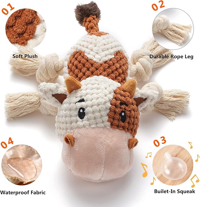 Sedioso Dog Toys, Dog Plush Toy for Large Breed, Cute Squeaky Dog Toys with Crinkle Paper, Dog Chew Toys for Puppy, Small, Middle, Big Dogs (Cow)