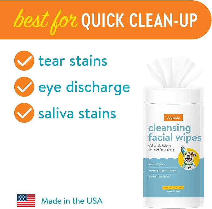 Dogtopia Blueberry Facial Cleansing Wash for Dogs (16oz) and Facial Wipes (60ct) Combo | Gently Remove Tear Stains | Remove Saliva Stains | Brighten and Whiten Coat | Daily Tear Stain Wipes