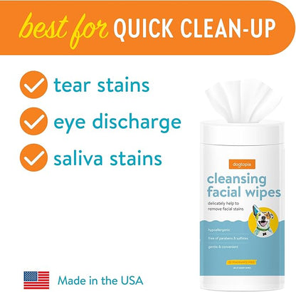 Dogtopia Blueberry Facial Cleansing Wash for Dogs (16oz) and Facial Wipes (60ct) Combo | Gently Remove Tear Stains | Remove Saliva Stains | Brighten and Whiten Coat | Daily Tear Stain Wipes