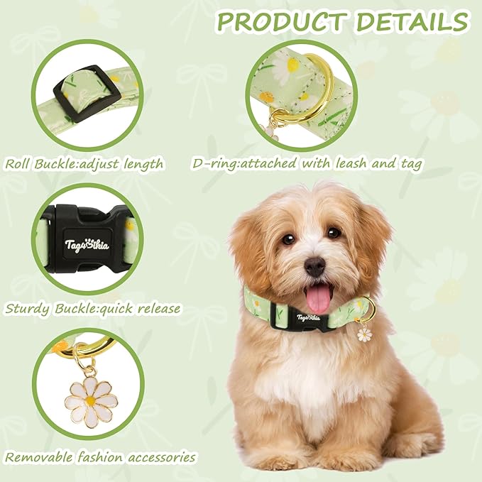 Dog Collar with Daisy Patterns, Spring Summer Collection Green Dog Collar with Exquisite Pendant, Durable Adjustable Collars for Gifts & Daily Use-S