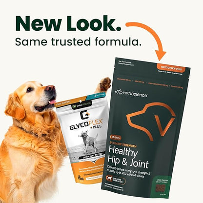 VetriScience Ultimate Strength Healthy Hip & Joint Chews, GlycoFlex Glucosamine, Chondroitin and Green-Lipped Mussel Joint Support Supplement for Dogs, Soothe Joint Discomfort, Duck, 120 Count