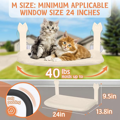 2 Pack Cat Window Perch,Cat Window Hammock Cordless Foldable Window Bed with 4 Large Strong Suction Cup,Reversible Cushion Cover,Metal Frame Easy to Adjust Window Seat Holds up to 40lbs(Beige，M
