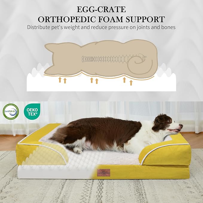Comfort Expression Orthopedic Dog Bed for Medium Dogs 28x19 Inch, Waterproof Egg Crate Foam Medium Pet Bed with Removable Bolsters, Dog Couch with Washable Cover & Non-Slip Bottom, Spicy Mustard