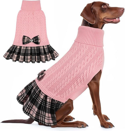 KYEESE Dog Sweater Soft Turtleneck Pet Sweater Dress Stretchy Dogs Clothes Warm Pullover Dog Sweaters for Medium Dogs Girl Comfy Pet Coats with Bowtie, Pink, XX-Large