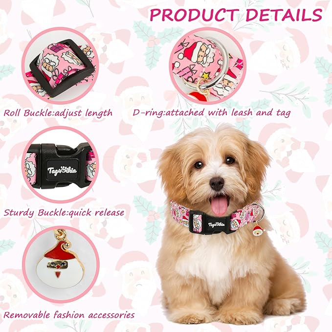 Christmas Dog Collar Large Dog Collars, Adjustable Pink Dog Collars with Jolly Santa Pattern, Cute Dog Christmas Collar for Dogs, Winter Holiday Dog Collar for Girl Boy Dogs-L