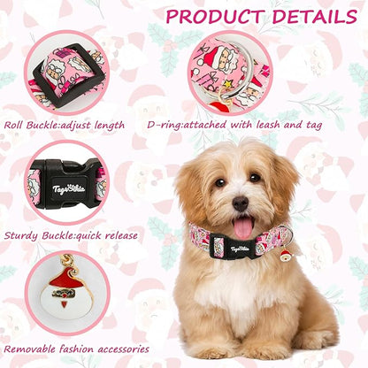 Christmas Dog Collar Large Dog Collars, Adjustable Pink Dog Collars with Jolly Santa Pattern, Cute Dog Christmas Collar for Dogs, Winter Holiday Dog Collar for Girl Boy Dogs-L