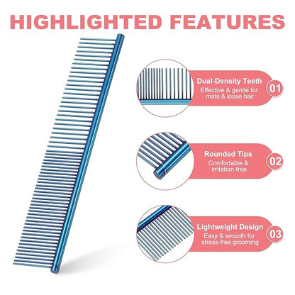PETAXCELL Dog Cat Comb, Pet Combs Stainless Steel Teeth with Rounded Ends for Knots Mats Loose Hair Removal, 7.5IN (Blue Plated, 3 Pack), Grooming Tool Intended for Long Curly Hair Pet