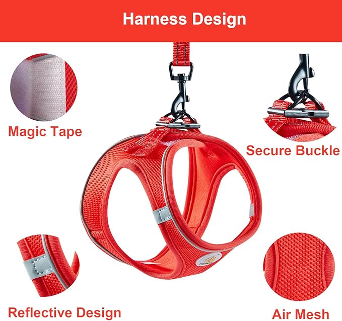 Hipubby Dog Harness and Leash Set, No Pull Soft Mesh Puppy Harness for Small Medium Dogs, Cats - Step in Reflective Breathable Lightweight Vest Harness for Walking, Training - Red, S