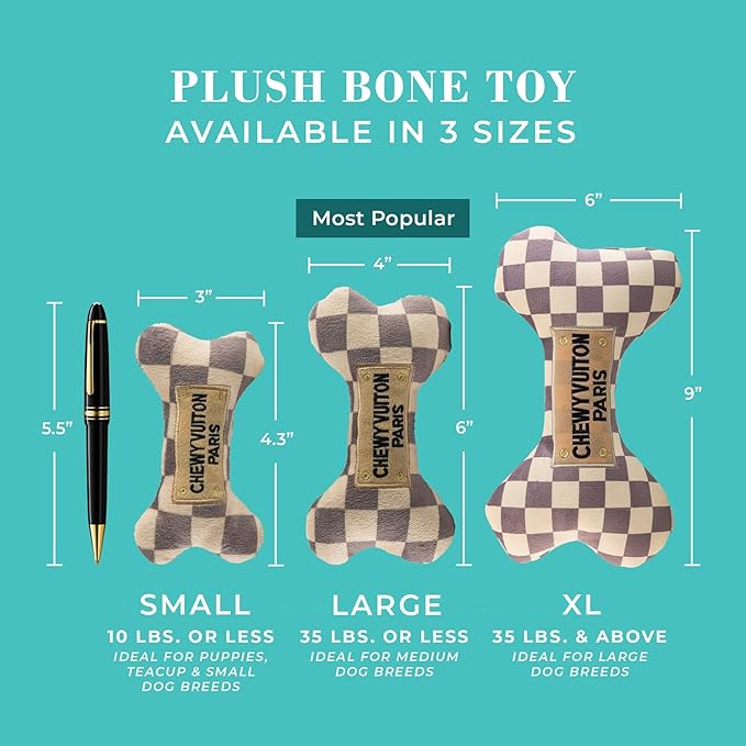 Haute Diggity Dog Checker Chewy Vuiton Bone, Plush Designer Dog Toys with Interactive Squeaker, Stimulating Pet Enrichment, Machine-Washable & Safe Materials for All Breeds, Size Large