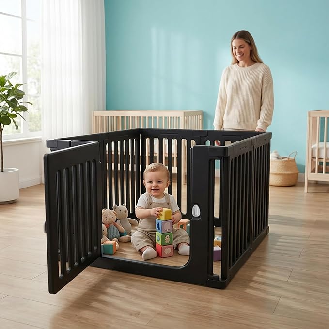 Jatindear 7 Panels Plastic Dog Playpen, Expandable & Durable Pet Fence - Indoor & Outdoor Portable with Secure Locking Door, Durable Safety Play Pen with Puppy, Cat, Small Animal(Black, 23.62" H)