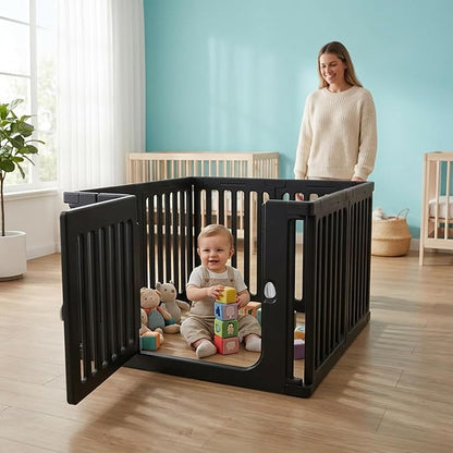 Jatindear 7 Panels Plastic Dog Playpen, Expandable & Durable Pet Fence - Indoor & Outdoor Portable with Secure Locking Door, Durable Safety Play Pen with Puppy, Cat, Small Animal(Black, 23.62" H)