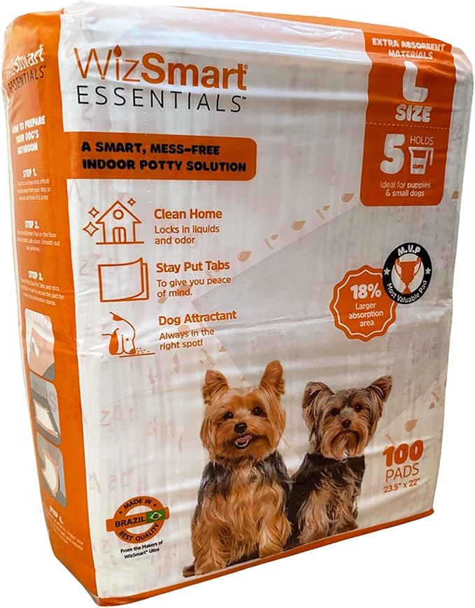 WizSmart Essentials Large Dog Pads, 23.5" x 22", Extra Absorbent Puppy Training Pads, Indoor Potty Pads, Leakproof Gel Pads for Small Dogs, Crate, House, Travel, Eco-Friendly, Non-Slip - 100 Count