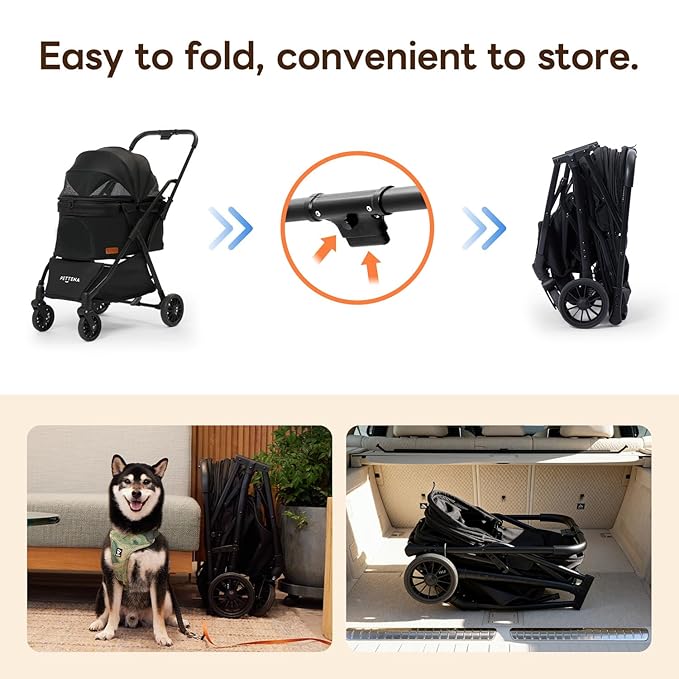 PETTENA Foldable Pet Stroller,4 Wheels Pet Strolling Cart for Small Dogs Cats up to 44 Lbs, Pet Travel Carrier Strolling Cart with Storage Basket, Portable Dog Cat Stroller with Breathable Mesh, Black