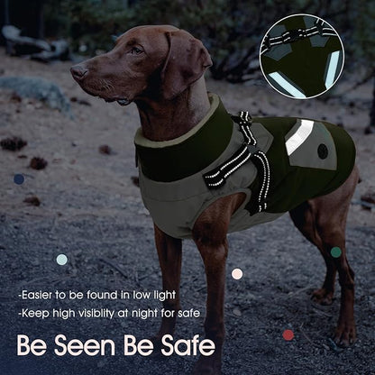 IECOii Dog Winter Coat Waterproof - Green, Medium - Dog Coat with Harness Built in for Medium Dogs, Thermal Warm Fleece Lined with Zip Up Cold Weather Jacket, Reflective Snowsuit for Outdoor Hiking