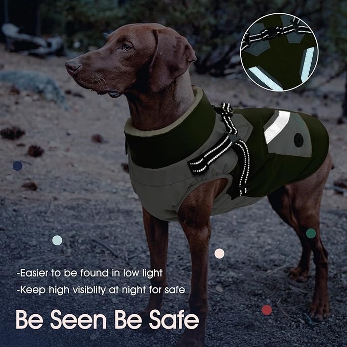 IECOii Warm Small Dog Coat Harness with D Ring - Green, Zip Dog Jacket Winter Reflective, Fleece Lined Snow Jacket, Pet Clothes for Small Dogs, Yorkshire Terrier, Bichon, Shih Tzu