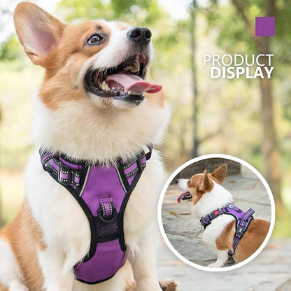 PoyPet No Pull Dog Harness, [Release on Neck] Reflective Adjustable No Choke Pet Vest with Front & Back 2 Leash Attachments, Soft Control Training Handle for Small Medium Large Dogs(Purple,M)
