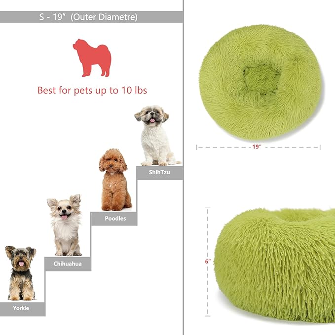 Calming Donut Dogs Beds for Small Dogs Washable,19inch Fluffy Round Puppy Bed for Puppies,Cats & Toy Breeds with Raised Rim,Fits up to 15 lbs Pets,Green