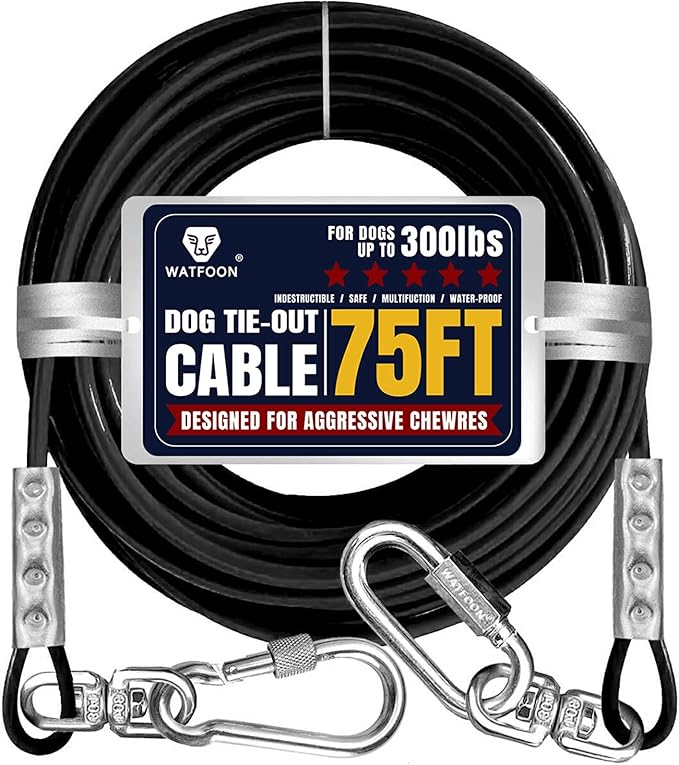 75Ft Dog Tie Out Cable, Dog Leads for Small to Large Pets Up to 300 Pounds, 5mm Heavy Duty 1000lbs Break Strength Galvanized Braided Steel Pet Outdoor Leash Cable
