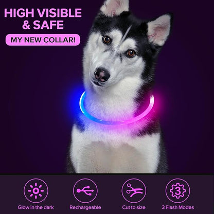 Colaseeme LED Dog Collar, Light Up Dog Collar 1 Count USB Rechargeable TPU Glow Safety Dog Necklace Light, Dog Lights for Medium Large Dogs (Pink+Blue)