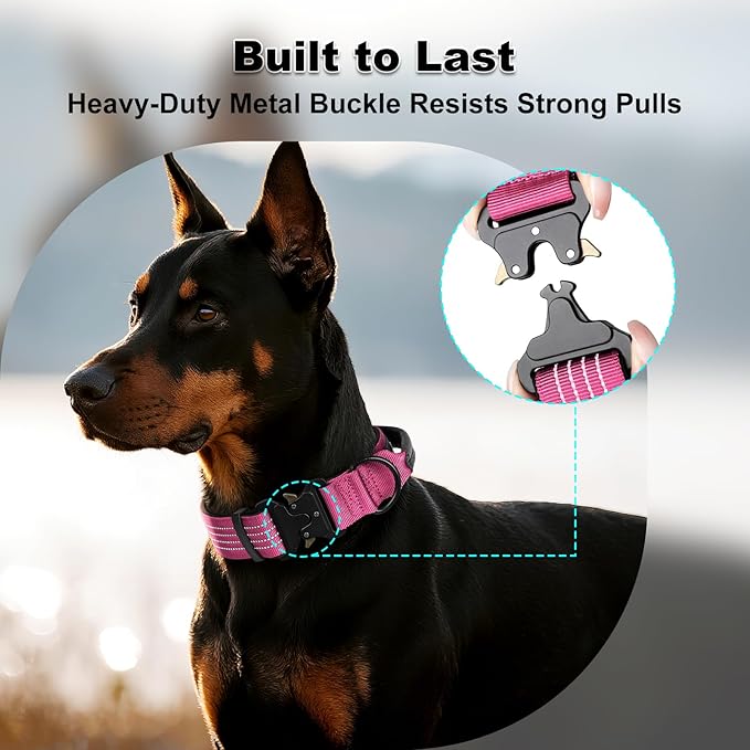 Plutus Pet Tactical Dog Collar with Tracker Pocket for AirTag, Adjustable Reflective Nylon Collar, Metal Buckle, Leather-Wrapped Handle, Soft Padded for Medium Large Dogs (Pink, M)