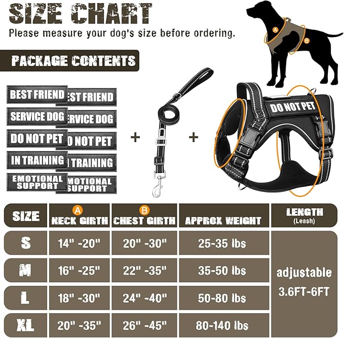 MOOGROU Tactical Dog Harness and Leash Set for Large Dogs,Heavy Duty No Pull Service Dog Vest and 10 Patches with Dog Seat Belt,Reflective Adjustable Pet Harness for Training Walking Hiking Black XL
