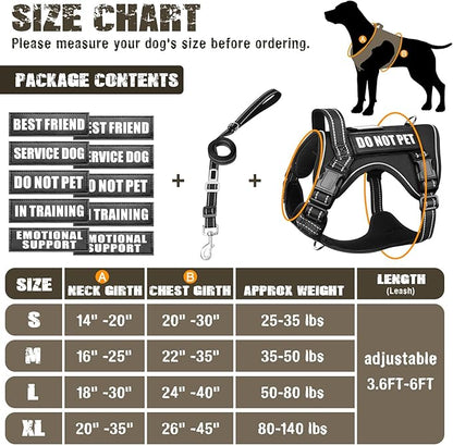 MOOGROU Tactical Dog Harness and Leash Set Small Sized Dog,Heavy Duty No Pull Service Dog Vest and 10 Patches with Dog Seat Belt,Reflective Adjustable Pet Harness for Training Walking Hiking Black S