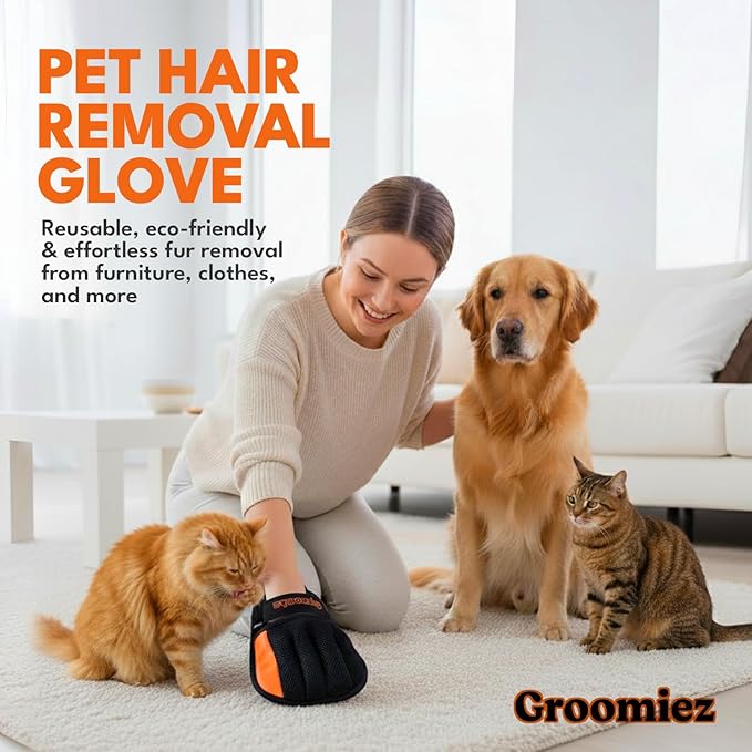 2 PCS Pet Hair Removal Gloves Set with Storage Bag – Electrostatic Dog & Cat Fur Remover Mitt for Furniture, Couch, Clothes & Car – Reusable & Washable Hair Cleaning Gloves