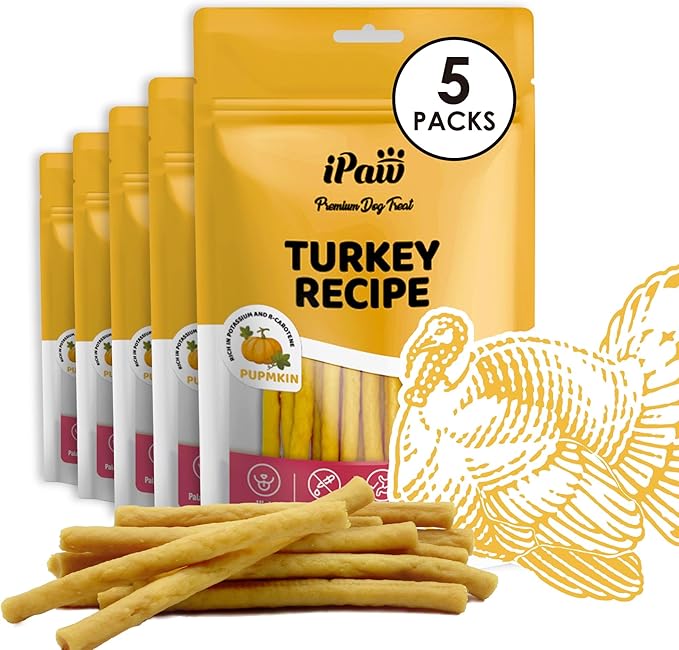 iPaw Turkey Dog Treats, All Natural Human Grade Dog Treat, Suitable for Training chew, US Sourced Raw Material, Hypoallergenic, Rawhide Alternative, Thin Stick (Pumpkin), 5 Packs