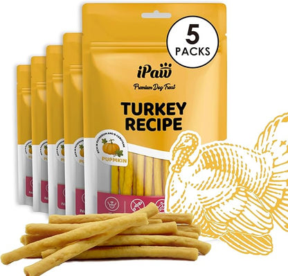 iPaw Turkey Dog Treats, All Natural Human Grade Dog Treat, Suitable for Training chew, US Sourced Raw Material, Hypoallergenic, Rawhide Alternative, Thin Stick (Pumpkin), 5 Packs