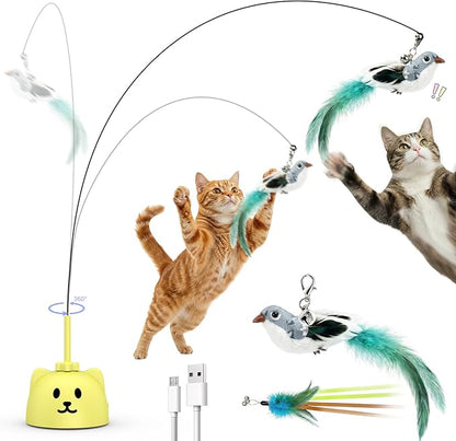 CATPICK Interactive Cat Toys for Indoor Cats - Automatic Flying Bird Feather Toy, USB Rechargeable Electric Cat Teaser with Strong Suction Base, Smart Motion Self-Play Toy for Bored Cats(Yellow)