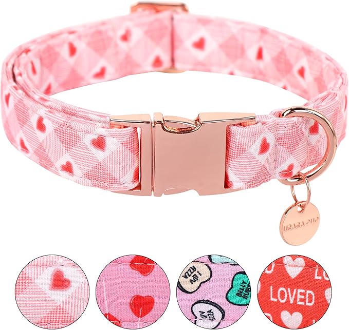 UP URARA PUP Valentine's Dog Collar, Pink Heart, Adjustable Size, Premium Cotton, Metal Buckle, L