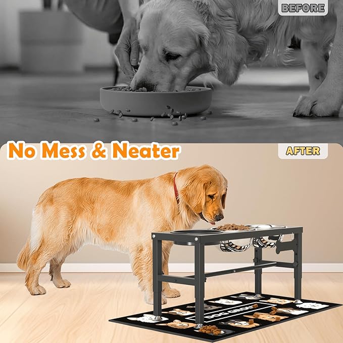 3-in-1 Slow Feeder Dog Bowl Stand, Elevated Raised Feeder with 1 Slow Feed & 2 Stainless Steel Bowls, Iron Stand, Custom Name Plate & Mat - Easy Clean for Fast Eaters, Multiple Dogs