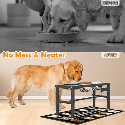 3-in-1 Slow Feeder Dog Bowl Stand, Elevated Raised Feeder with 1 Slow Feed & 2 Stainless Steel Bowls, Iron Stand, Custom Name Plate & Mat - Easy Clean for Fast Eaters, Multiple Dogs