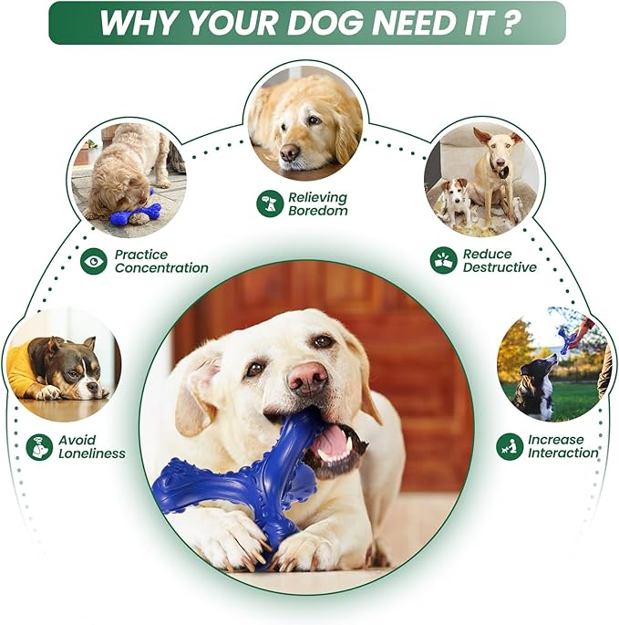 CVALIN Dog Chew Toys for Aggressive Chewers Large Breed,Indestructible Bones Toy，Durable Cleaning Toothbrush Natural Rubber Dog Toys… (Deep Blue)