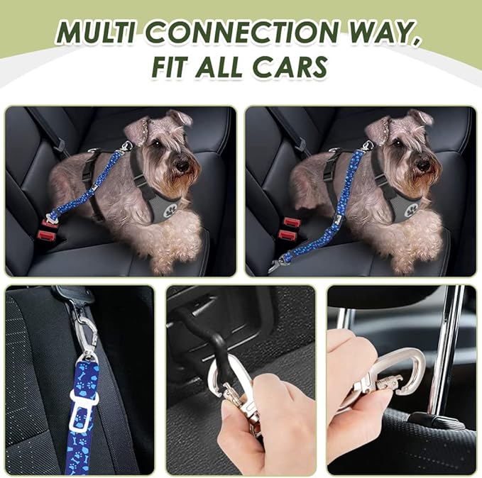 SlowTon Dog Seatbelt, 2 Pack Dog Seat Belt Car Leash Adjustable Elastic Bungee Buffer Heavy Duty Nylon Reflective Pet Safety Tether Connect to Dog Harness for Travel Riding in Vehicle (Daul Clip, BL)
