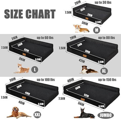 Patas Lague Orthopedic XL Dog Bed Large Sized Dog 48''X30'', Waterproof L Bolster Big Pet Sofa Beds with Removable Washable Cover, Soft Comfortable Pet Couch Crate Mat with Nonskid Bottom, Black
