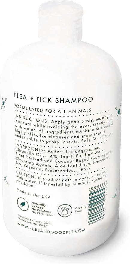 Pure + Good - Flea + Tick Shampoo and Conditioner Set, Therapeutic citronella and Lemongrass, Formulated for All Pets, Gentle and Cleansing, Made in The USA, Cruelty Free, 16 fl oz