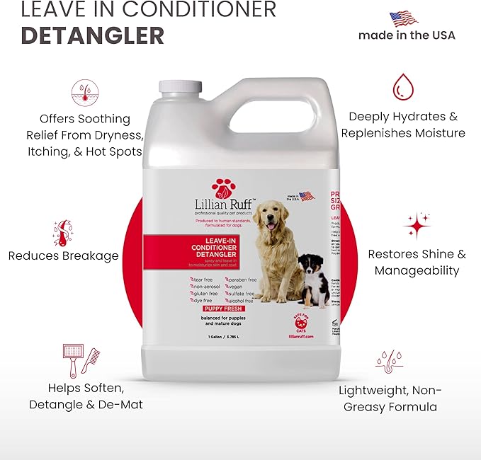 Lillian Ruff Leave-In Dog Conditioner & Detangler Spray - pH Balanced After-Bath No Rinse Hydrating Dog Conditioning Spray - Silky Shine Spray For Dry Skin Itch Relief, Detangling & Dematting (Gallon)