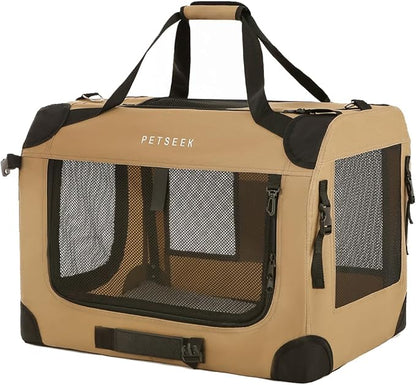 Petseek Extra Large Cat Carrier Soft Sided, Portable Small Dog Carrier for 2 Cats, 24"x16.5"x16" Car Travel Folding Comfortable Design, Khaki