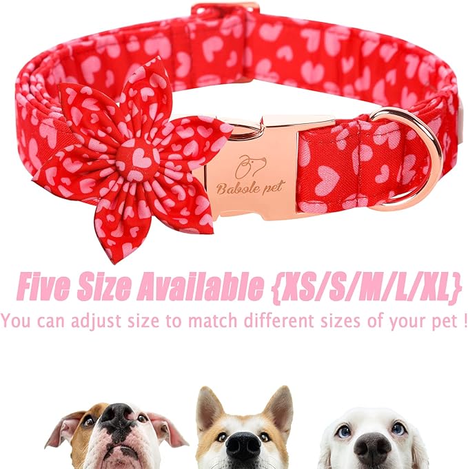 Valentine's Day Dog Collar with Flower Tie, Pink Red Love Male Dog Collar with Safety Metal Buckle Adjustable Puppy Collars for Small Medium Large Boy & Girl Dog,M-Neck 13.5"-22"