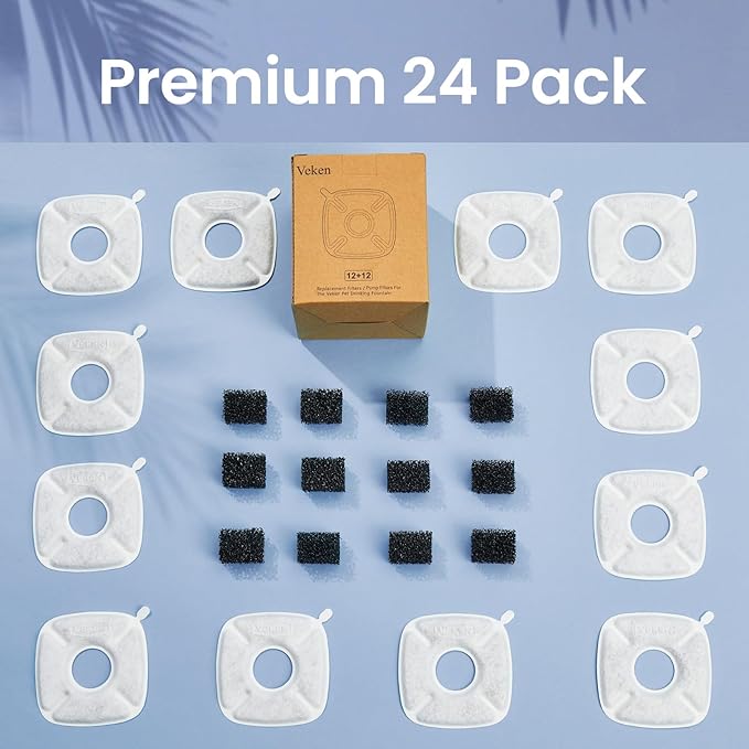 Veken Cat Water Fountain Filter, Classic 12 Pack Replacement Filters & 12 Pack Replacement Pre-Filter Sponges for 50oz, 84oz, 95oz or 108oz Automatic Pet Fountain Dog Water Dispenser