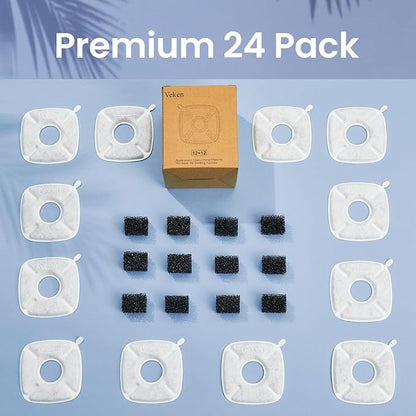 Veken Cat Water Fountain Filter, Classic 12 Pack Replacement Filters & 12 Pack Replacement Pre-Filter Sponges for 50oz, 84oz, 95oz or 108oz Automatic Pet Fountain Dog Water Dispenser