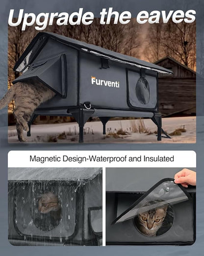 Heated Cat House for Outside,Extremely Weatherproof&Insulated in Winter,Elevated Outdoor Cat Shelter with Waterproof Eaves&Escape Door for Feral Stray Barn Cats(Dark Grey,S)