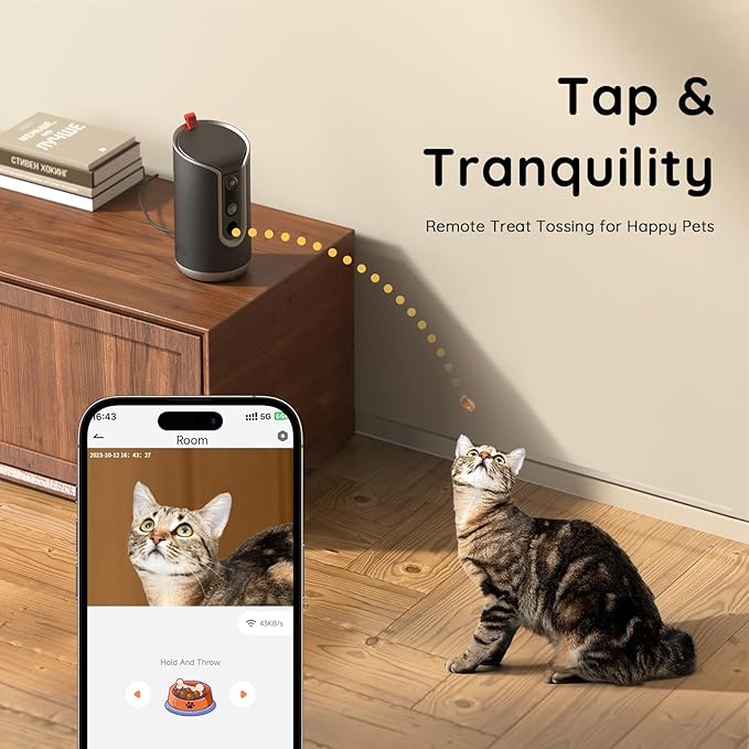 TKENPRO Pet Camera Treat Dispenser [1-Year Trial: Cloud + AI Features Included], 2K Dog & Cat Cam, Remote Treat Tossing, 360° Auto Tracking, 5G/2.4G WiFi Compatible, 2-Way Talk, Motion Alerts Indoor