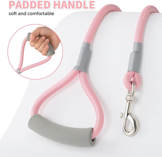 Mile High Life Dog Leash, with Comfortable Padded Handle, Pink Nylon Rope Leash with Steel Tips, Heavy Duty 6 Feet Pet Leashes (Pink,72 Inches)