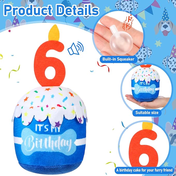 Dog Birthday Cake Toy Accessories for Girl Boy Gifts, Squeaky Plush Toy for Dog Birthday Party Decor Favor for Large, Medium and Small Dogs(6th,Blue)
