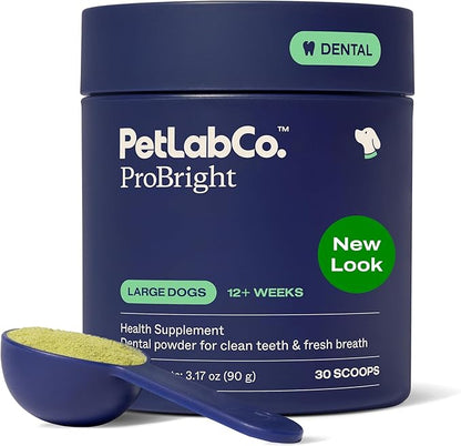 PetLab Co. ProBright Dental Powder - Dog Breath Freshener - Teeth Cleaning Made Easy – Targets Tartar & Bad Breath - Formulated for Large Dogs - Packaging May Vary