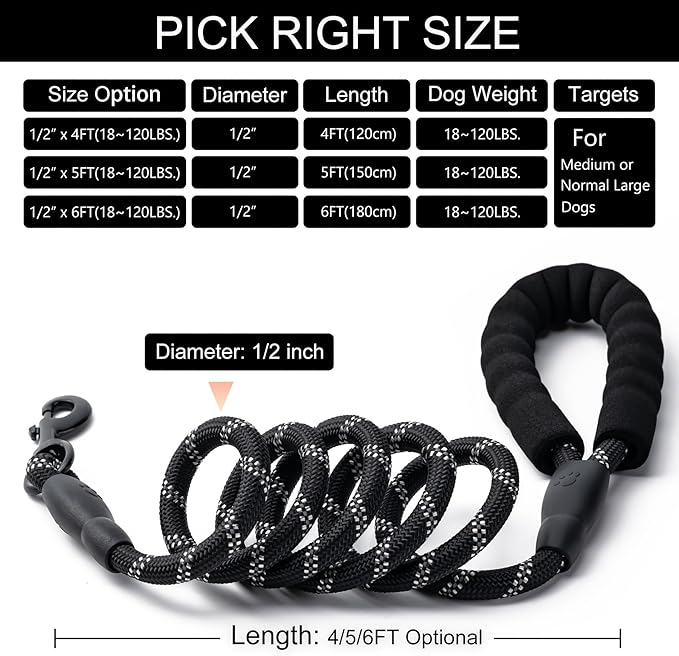 2 Pack Dog Leash, 4/5//6 FT Heavy Duty Nylon Rope Pet Leashes with Comfortable Padded Handle, Reflective Dog Leashes for Small Medium and Large Dogs (4FT-1/2,Black/Green)