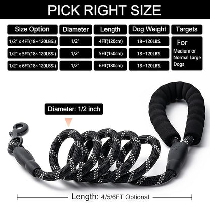 2 Pack Dog Leash, 4/5//6 FT Heavy Duty Nylon Rope Pet Leashes with Comfortable Padded Handle, Reflective Dog Leashes for Small Medium and Large Dogs (5FT-1/2,Black/Blue)
