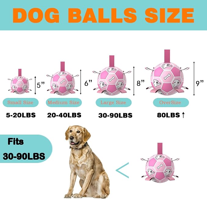 Domchan Dog Soccer Ball, Interactive Toys for Tug of War, Puppy Birthday Gifts, Tug Toy, Water Toy, Durable Balls for Small & Medium Size(8 inch-Pink)